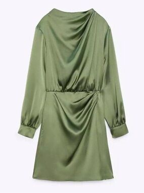 ZARA Olive Green Satin Long-Sleeve Draped Mini Dress